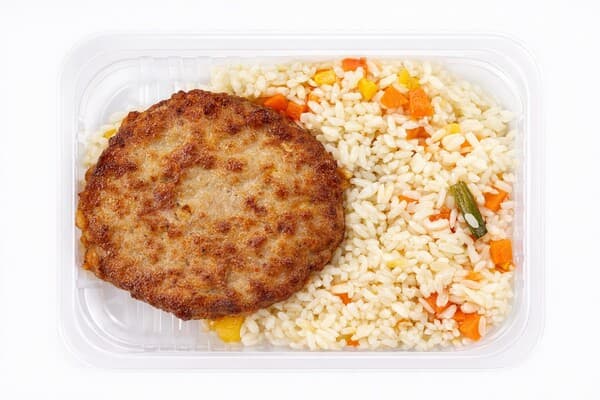 Биточек куриный с рисом отварным и овощами